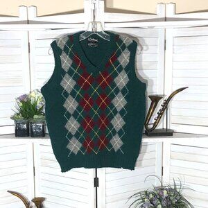Vintage 90s 100% wool vest argyle green red knit made in England v neck Sz XL